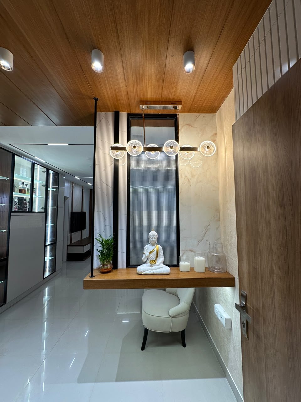 Pooja unit with floating wooden shelf